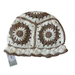 BP Crochet Beanie Knit Hat Floral Brown Cream